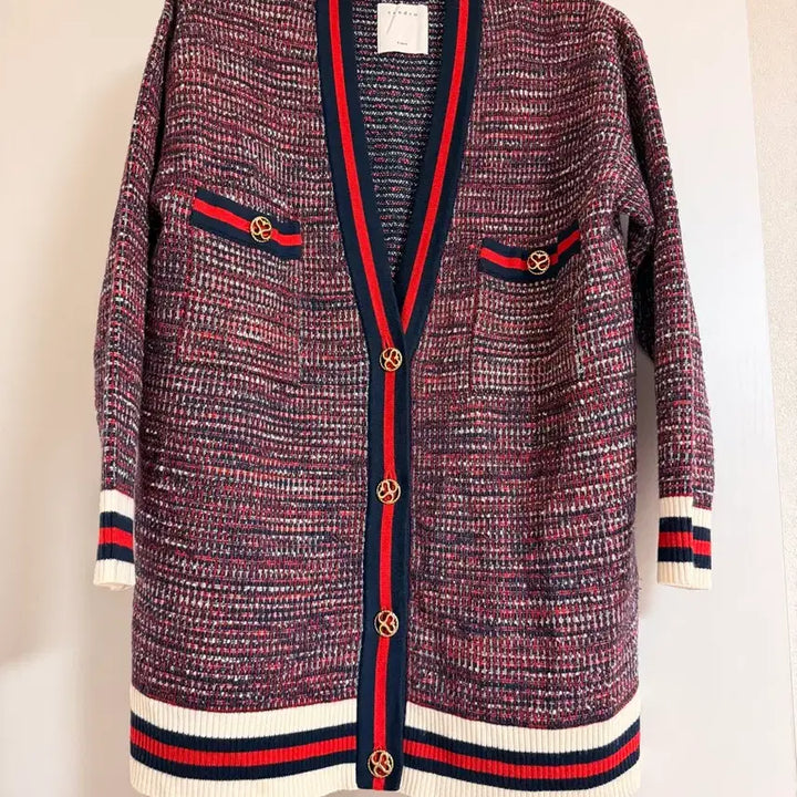 [BUNJANG] Sandro Tweed Cardigan Red Color Block / 산드로 트위드 가디건 레드 배색
