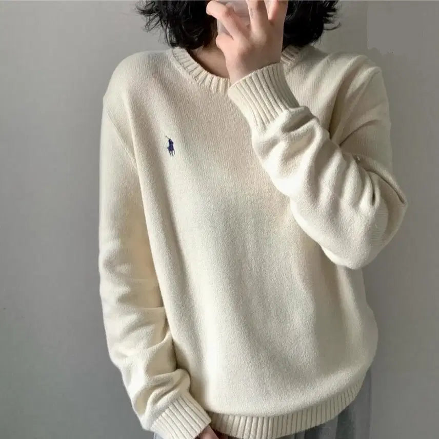 [BUNJANG] Polo Ivory Roundneck Cotton Knit L / 폴로 아이보리 라운드넥 코튼 니트 L