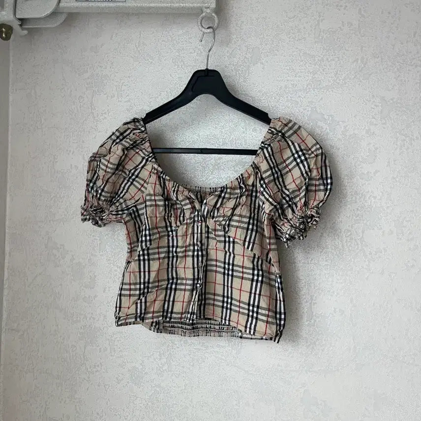 [BUNJANG] Checkered Puff Sleeve Blouse / (새상품,미착용)체크무늬 블라우스 퍼프 셔링 탑 프리사이즈