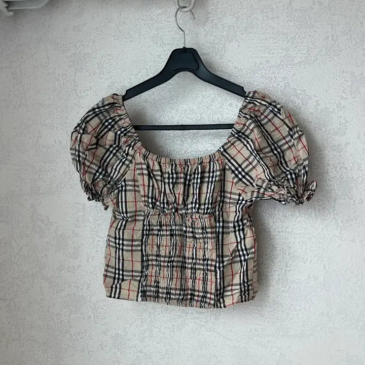 [BUNJANG] Checkered Puff Sleeve Blouse / (새상품,미착용)체크무늬 블라우스 퍼프 셔링 탑 프리사이즈