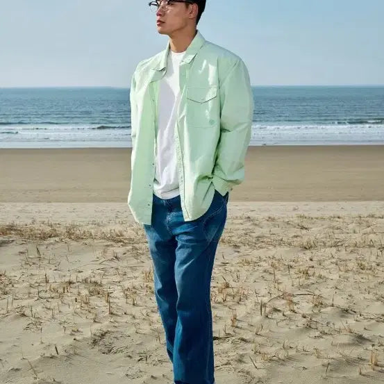 [BUNJANG] 오프그리드 스티치 옥스포드 스냅 셔츠-라이트그린 / 오프그리드 스티치 옥스포드 스냅 셔츠-라이트그린