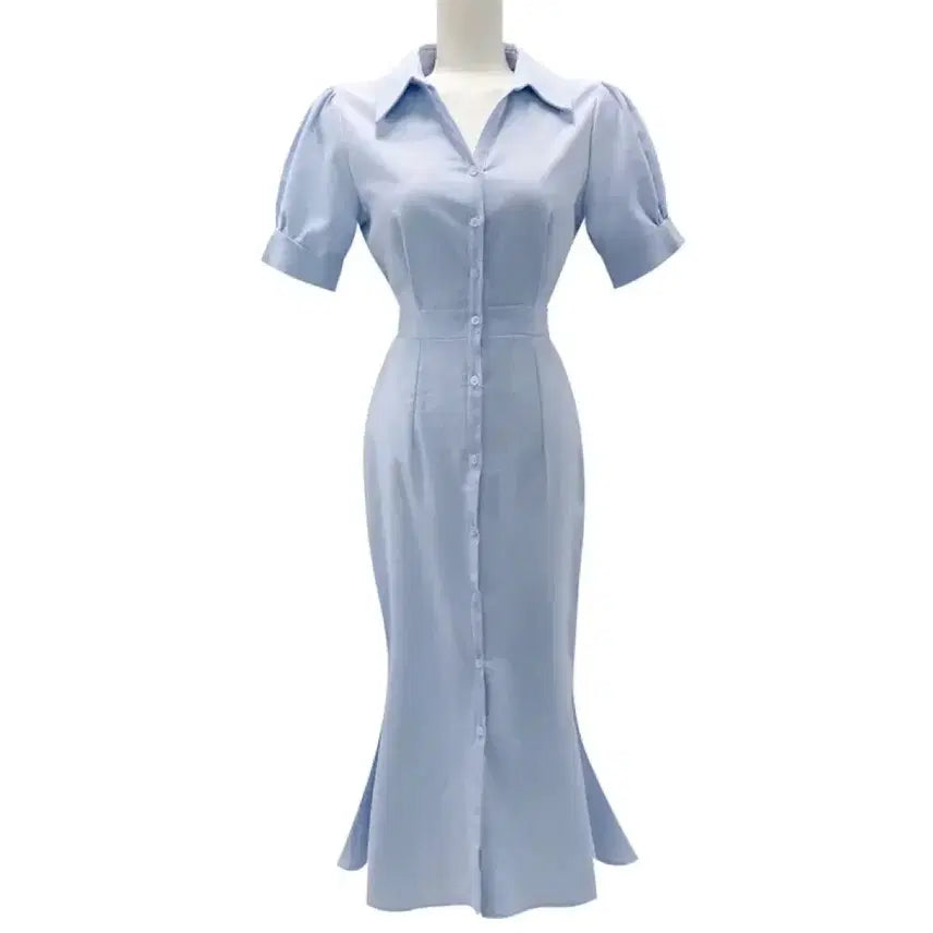 [SOLD OUT] 카라 퍼프 머메이드 반팔 뒷밴딩 롱원피스