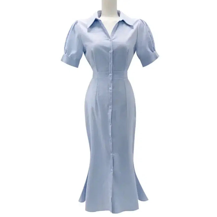 [SOLD OUT] 카라 퍼프 머메이드 반팔 뒷밴딩 롱원피스