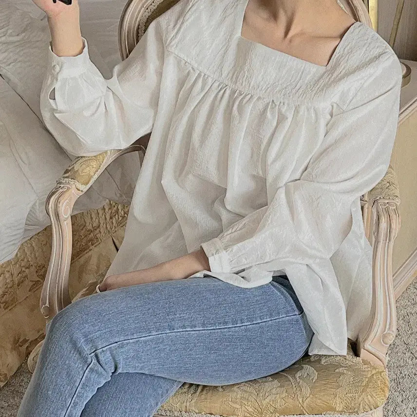 [BUNJANG] Square Neck Ribbon Blouse - White / (새상품) 스퀘어넥 리본 블라우스 처분합니다