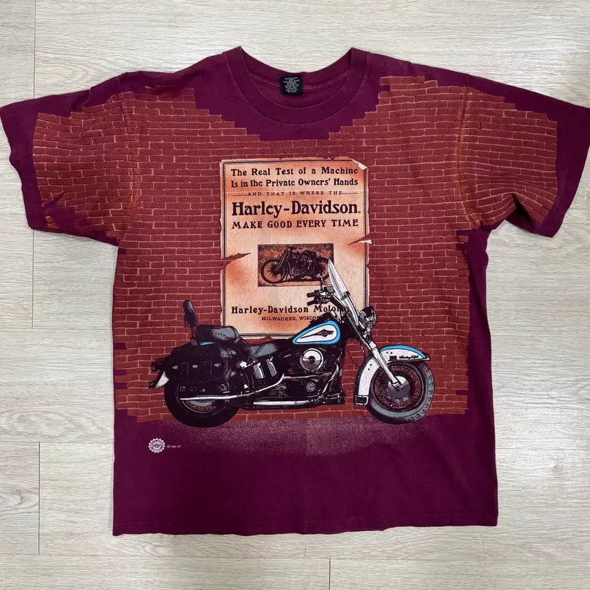 [BUNJANG] 90s Harley-Davidson Vintage Brick Pattern Short-Sleeve T-Shirt / 90s 할리데이비슨 빈티지 벽돌 패턴 프린팅 반팔 티셔츠
