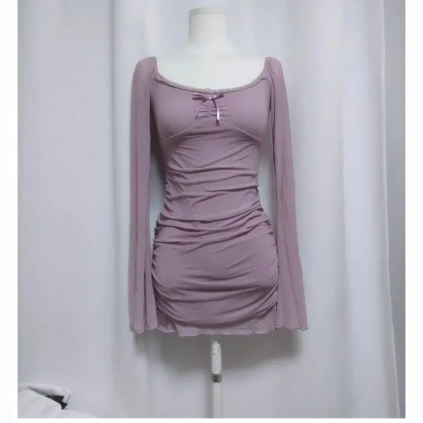 [BUNJANG] ZzD Purple Shirred Mini Dress / 젯젯디 zzd 퍼플 셔링 미니 원피스 긴팔티셔츠