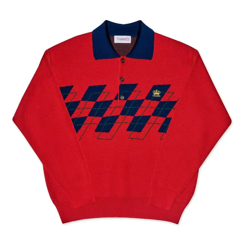 [BUNJANG] THAMES Argyle Knit Polo Red XL / THAMES 아가일 니트 폴로 레드 XL