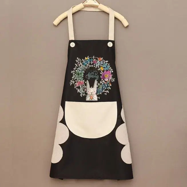 [BUNJANG] Rabbit Flower Black Waterproof Apron / 토끼 플라워 블랙 방수 앞치마 (새상품)