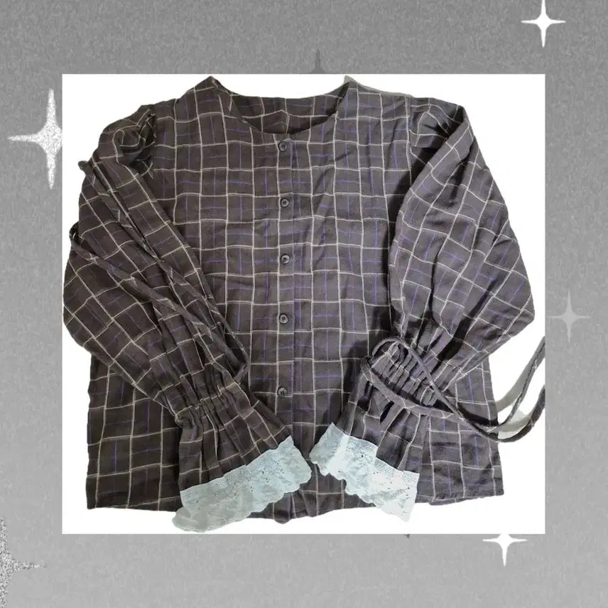 [BUNJANG] Brown Check Lace Blouse Shirt / 브라운 체크 레이스 블라우스 셔츠