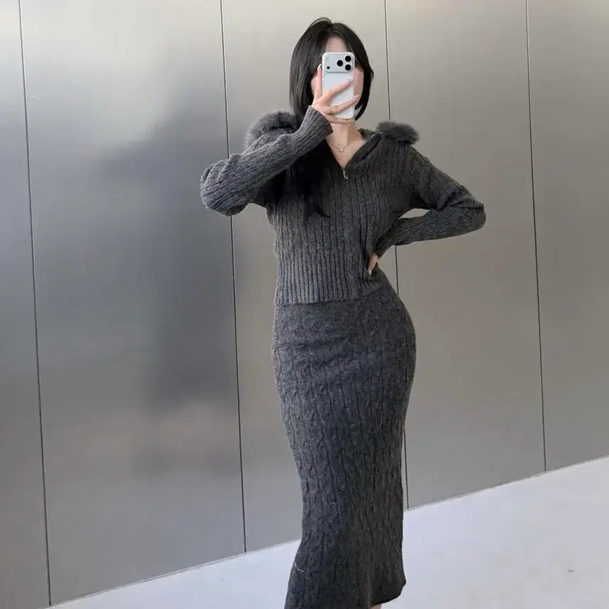 [BUNJANG] Lightmy Hood Fur Two-Piece Set / 라이트미 후드퍼 투피스 세트(1번착용)