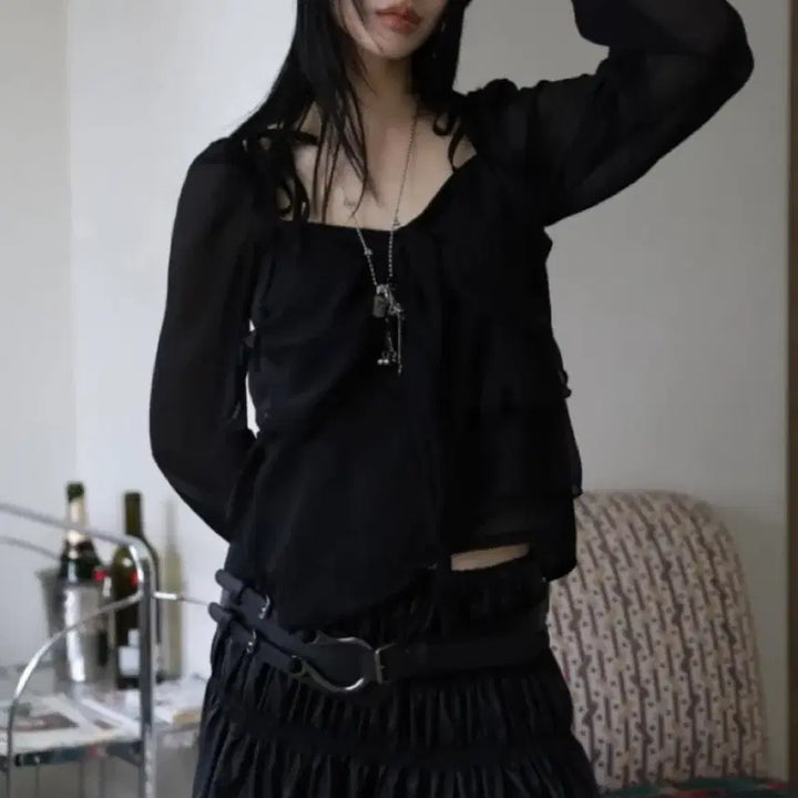 [BUNJANG] Black Chiffon Blouse Square Neck / 블랙 쉬폰 블라우스