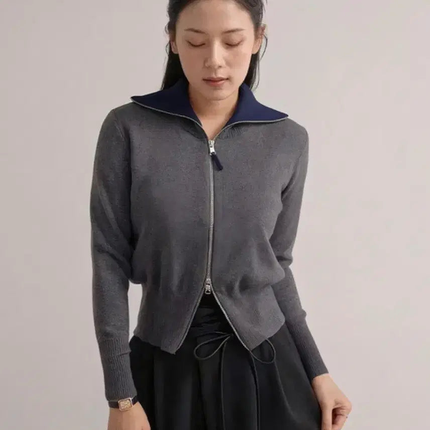 [BUNJANG] Miley Row Zip-Up Knit Cardigan Grey / 마일리로우 집업 니트 가디건 그레이