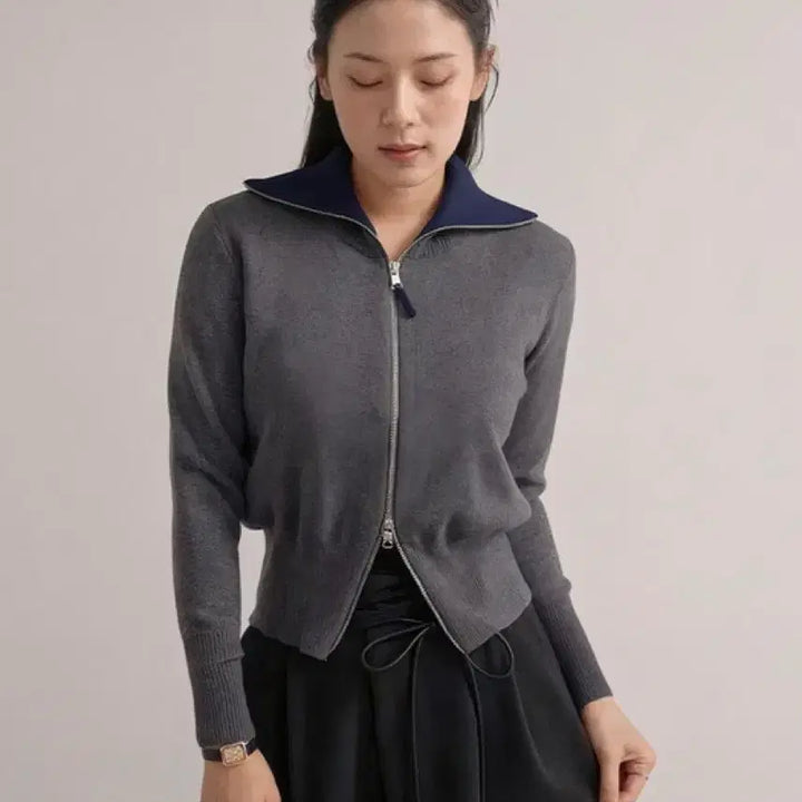 [BUNJANG] Miley Row Zip-Up Knit Cardigan Grey / 마일리로우 집업 니트 가디건 그레이