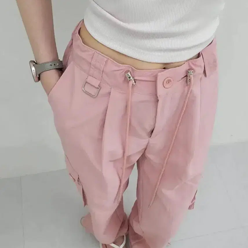 [BUNJANG] Pink Cargo String Two-Way Pants / 핑크 바스락 카고 스트링 투웨이 팬츠