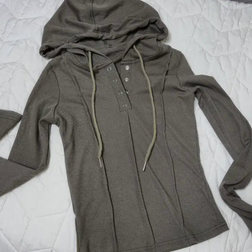 [BUNJANG] String Hooded T-shirt / 스트링 후드티 카키 그레이
