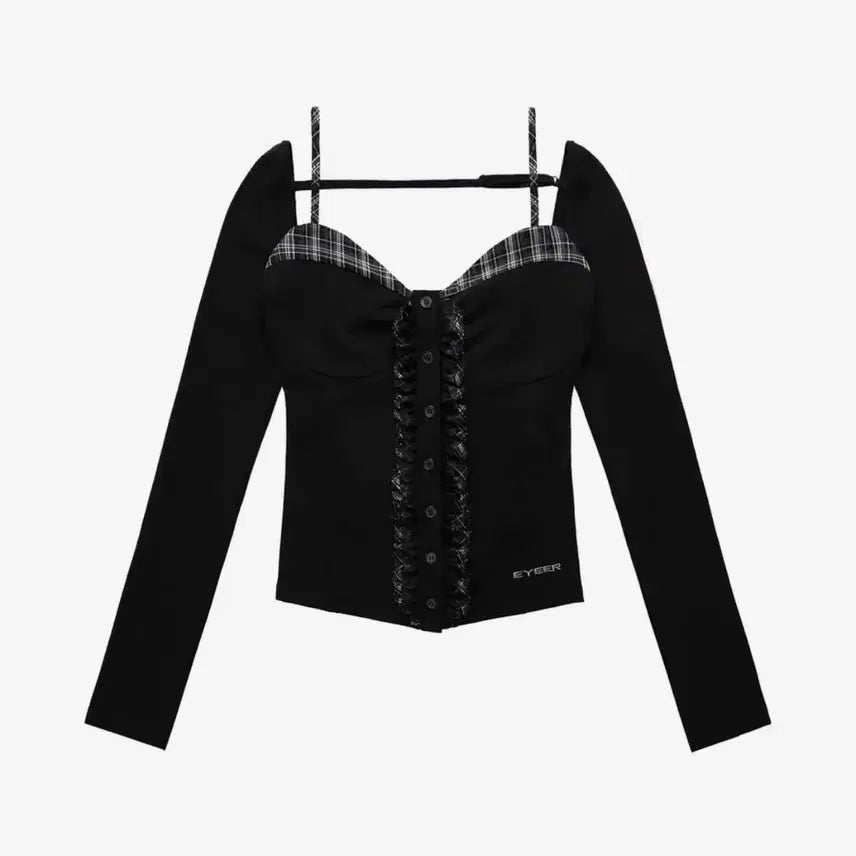 [BUNJANG] Eyeer Check Pattern Layered Long Sleeve Set with Necklace / Eyeer 체크 패턴 레이어드 롱 슬리브 블랙&amp;목걸이 코디 세트