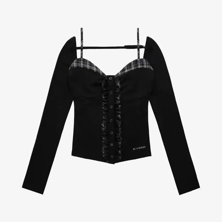 [BUNJANG] Eyeer Check Pattern Layered Long Sleeve Set with Necklace / Eyeer 체크 패턴 레이어드 롱 슬리브 블랙&amp;목걸이 코디 세트