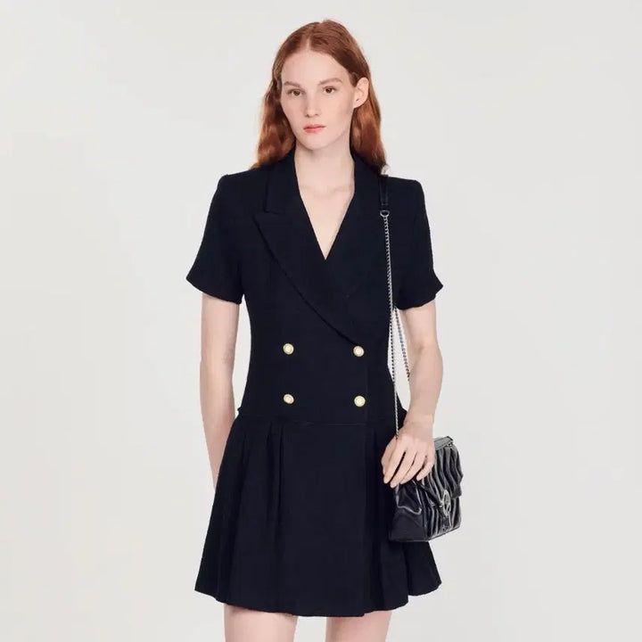 [BUNJANG] Sandro Tweed Pleated Button Jacket Dress / 산드로 트위드 플리츠 버튼 자켓 원피스 34