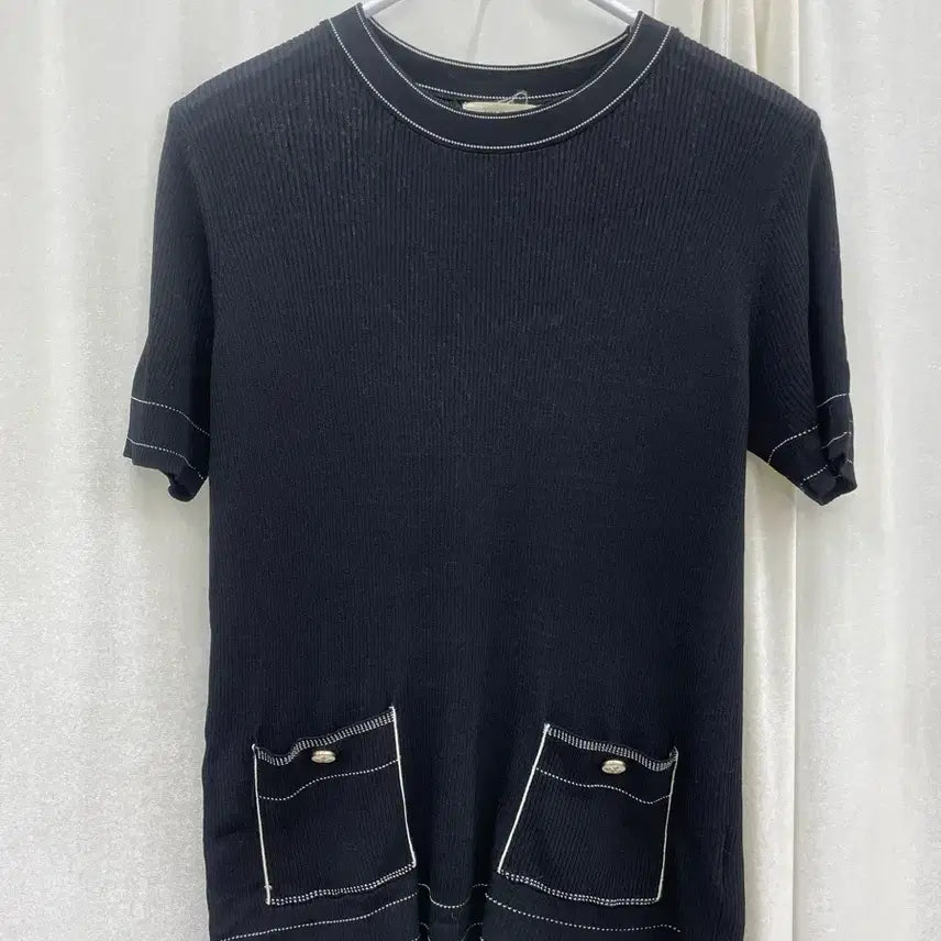 [BUNJANG] Black Short Sleeve Knit with Pocket Detail / 블랙 반팔 니트 포켓 디자인
