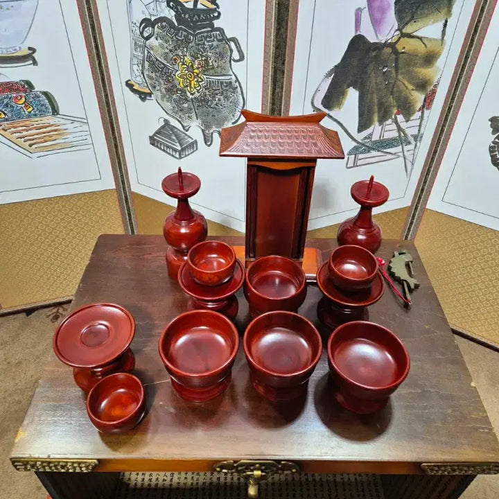 [BUNJANG] Namwon Wooden Ritual Vessels and Phoenix Urn Chest Bandaji Set / 남원목제기와 봉황제기함 반닫이 세트