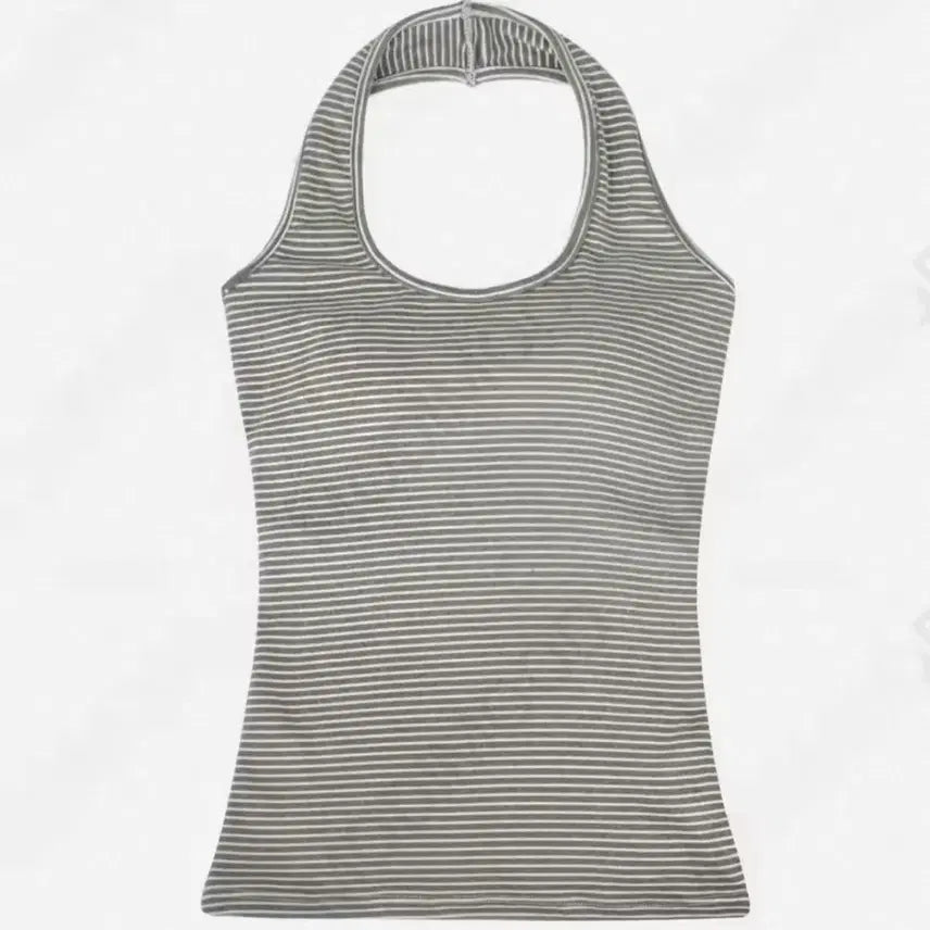 [BUNJANG] Gray Knit Top + Striped Halterneck Set / 회색 니트 탑 + 줄무늬 홀터넥 세트