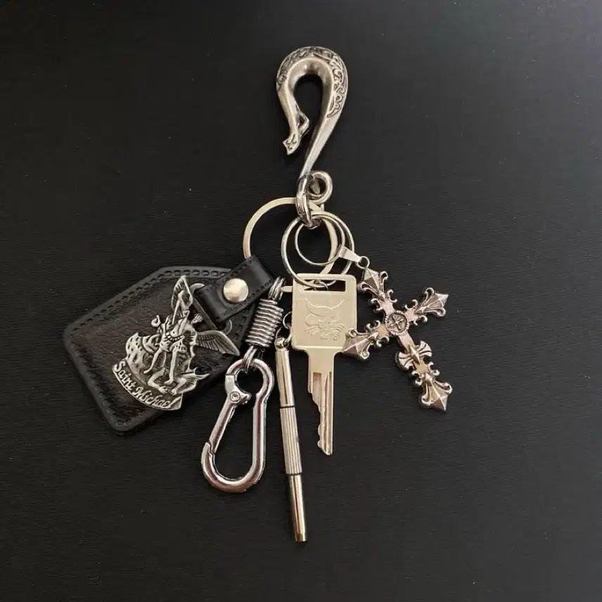 [BUNJANG] Cross Charm Leather Pendant Spring Carabiner Keyring / 크로스 키링