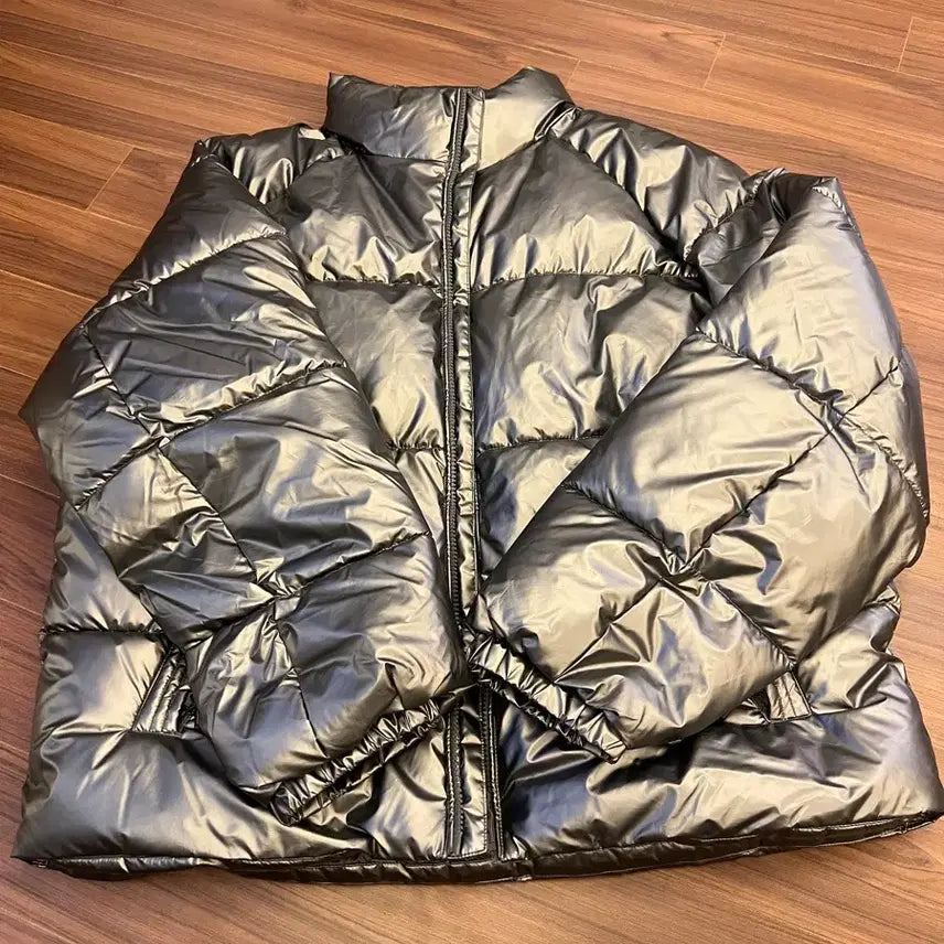 [BUNJANG] Black Shiny Short Padded Jacket / 블랙 광택 숏패딩 점퍼 라이더 바이크