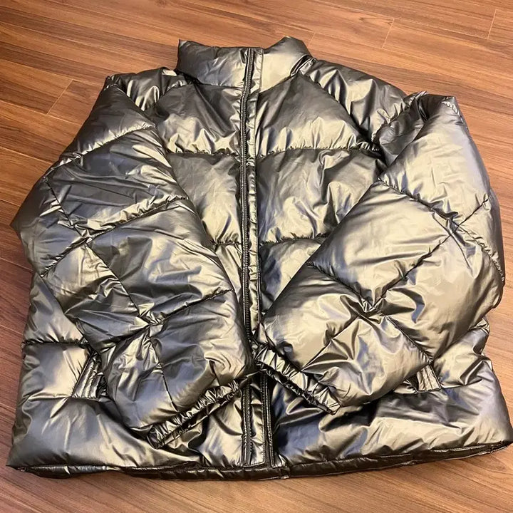 [BUNJANG] Black Shiny Short Padded Jacket / 블랙 광택 숏패딩 점퍼 라이더 바이크