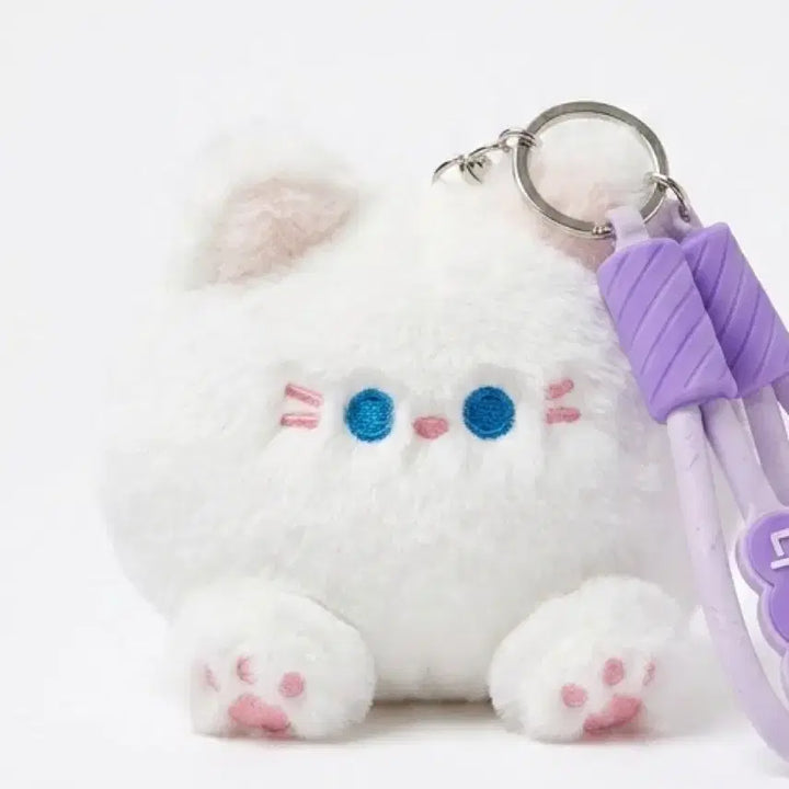 [BUNJANG] White Cat Plush Keyring with Purple Strap / 흰색 고양이 인형 키링 퍼플 스트랩 삑삑이 인형