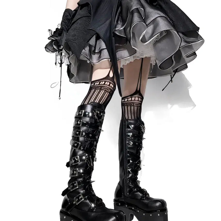 [BUNJANG] Subculture Revenge Spike Platform Long Boots / 전학생 서브컬쳐 복수 가시 펑크 플랫폼 통굽 롱 부츠