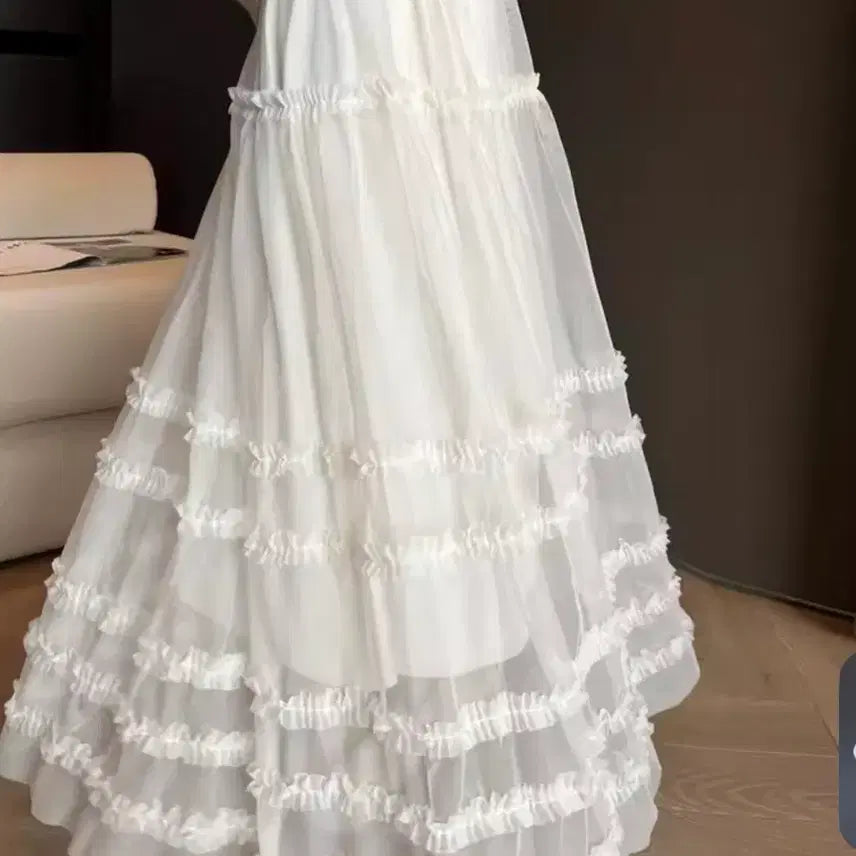 [BUNJANG] White Tiered Chiffon Ruffle Long Skirt / 화이트 캉캉 롱 스커트 쉬폰 프릴 / 데일리 캐주얼 빈티지 모리걸 y2k