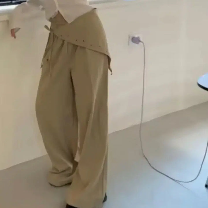 [BUNJANG] 베이지색 와이드 밴딩 랩 스타일 팬츠 / 데일리 캐주얼 빈티지 모리걸 y / 베이지색 와이드 밴딩 랩 스타일 팬츠 / 데일리 캐주얼 빈티지 모리걸 y