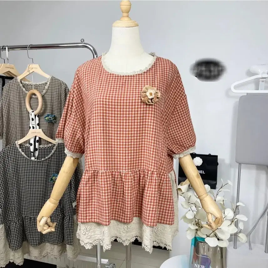 [BUNJANG] Check Lace Blouse / 체크 레이스 블라우스