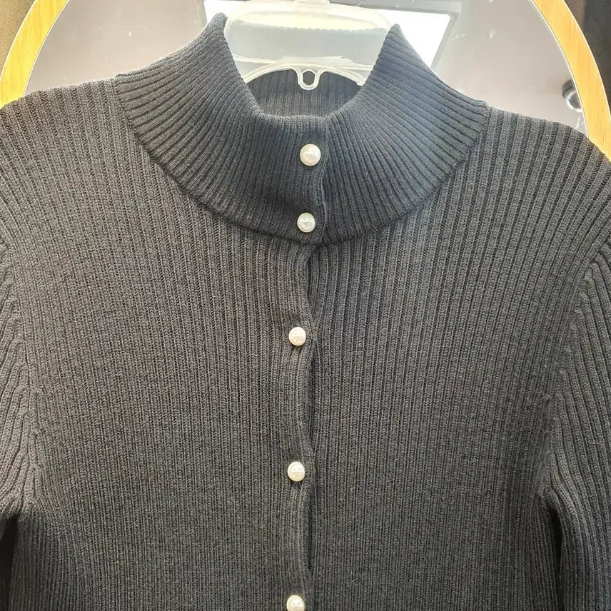 [BUNJANG] Sandro Pearl Button Ribbed High Neck Cardigan / 산드로(Sandro) 정품 진주 버튼 하이넥 골지 가디건 (상태 좋음)