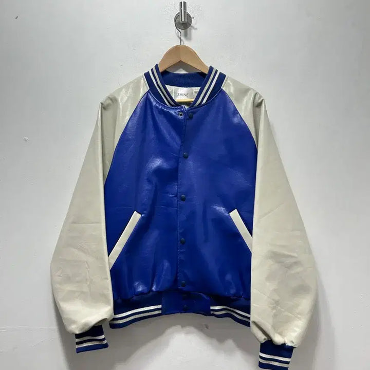 [BUNJANG] SHINE Blue Leather Stadium Jacket XL / SHINE 블루 레더 스타디움 자켓 바시티 자켓 XL