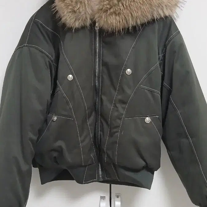 [BUNJANG] Khaki Fur Hooded Padded Short Jacket / 카키색 퍼 후드패딩