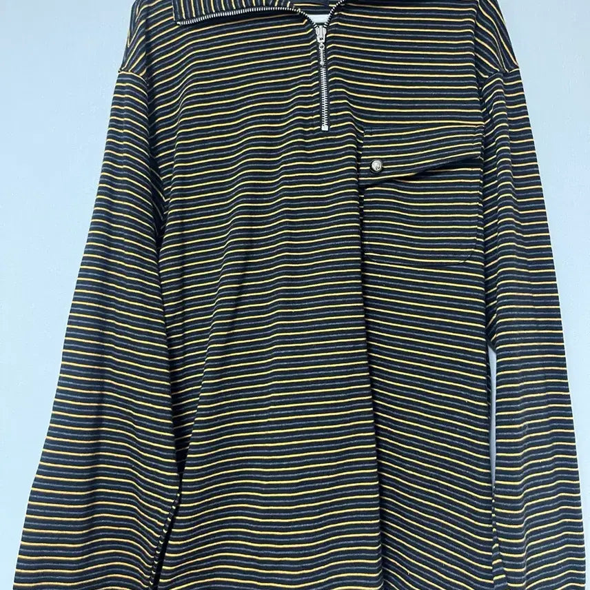 [BUNJANG] Pocket Stripe Half-Zip Long Sleeve T-Shirt / 새상품) 포켓 스트라이프 반집업 쭉티