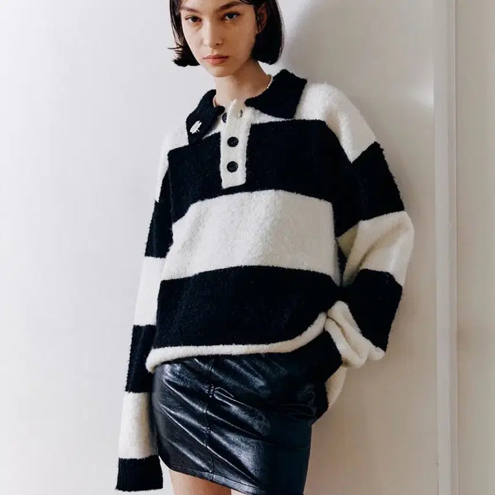 [BUNJANG] Fallett Boucle Collar Stripe Knit Black / fallett 팔렛 부클레 카라 스트라이프 니트 블랙