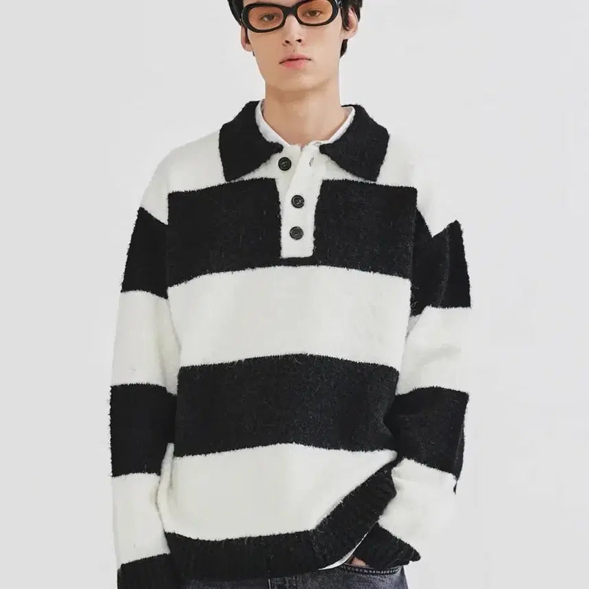 [BUNJANG] Fallett Boucle Collar Stripe Knit Black / fallett 팔렛 부클레 카라 스트라이프 니트 블랙