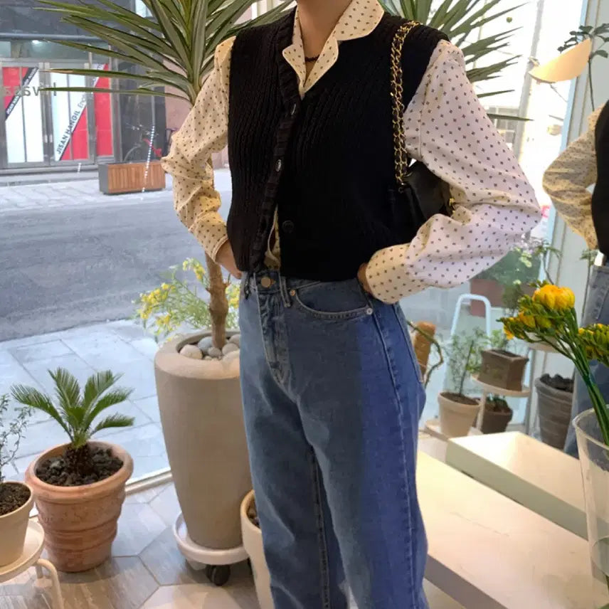 [BUNJANG] Knit Vest + Blouse Set / 새상품) 니트 조끼 + 블라우스 세트