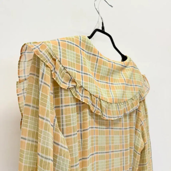 [BUNJANG] Frill Collar Checkered Chiffon Dress / 프릴 큰카라 체크 쉬폰원피스