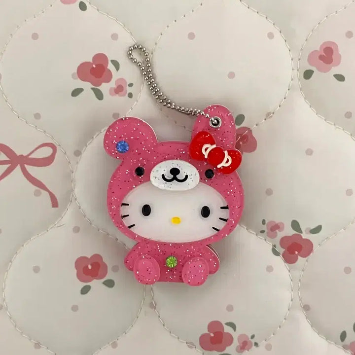 [BUNJANG] Hello Kitty Pink Teddy Bear Glitter Keyring Mirror / 고전키티 헬로키티 핑크 곰돌이 글리터 키링 슬라이드 미러