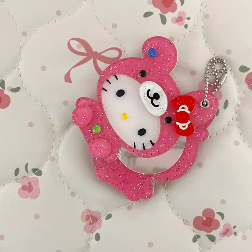 [BUNJANG] Hello Kitty Pink Teddy Bear Glitter Keyring Mirror / 고전키티 헬로키티 핑크 곰돌이 글리터 키링 슬라이드 미러