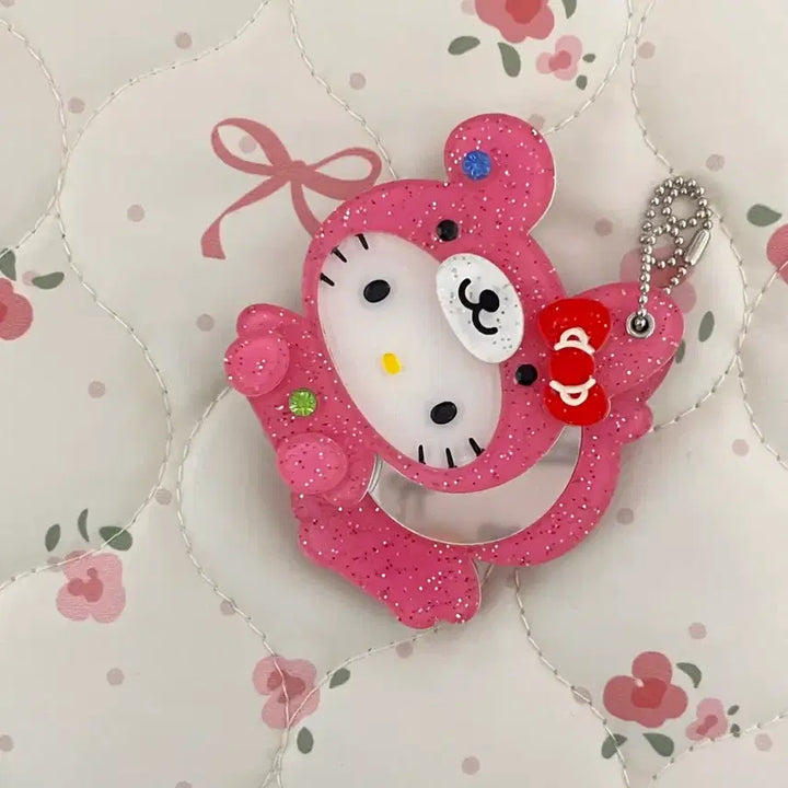 [BUNJANG] Hello Kitty Pink Teddy Bear Glitter Keyring Mirror / 고전키티 헬로키티 핑크 곰돌이 글리터 키링 슬라이드 미러