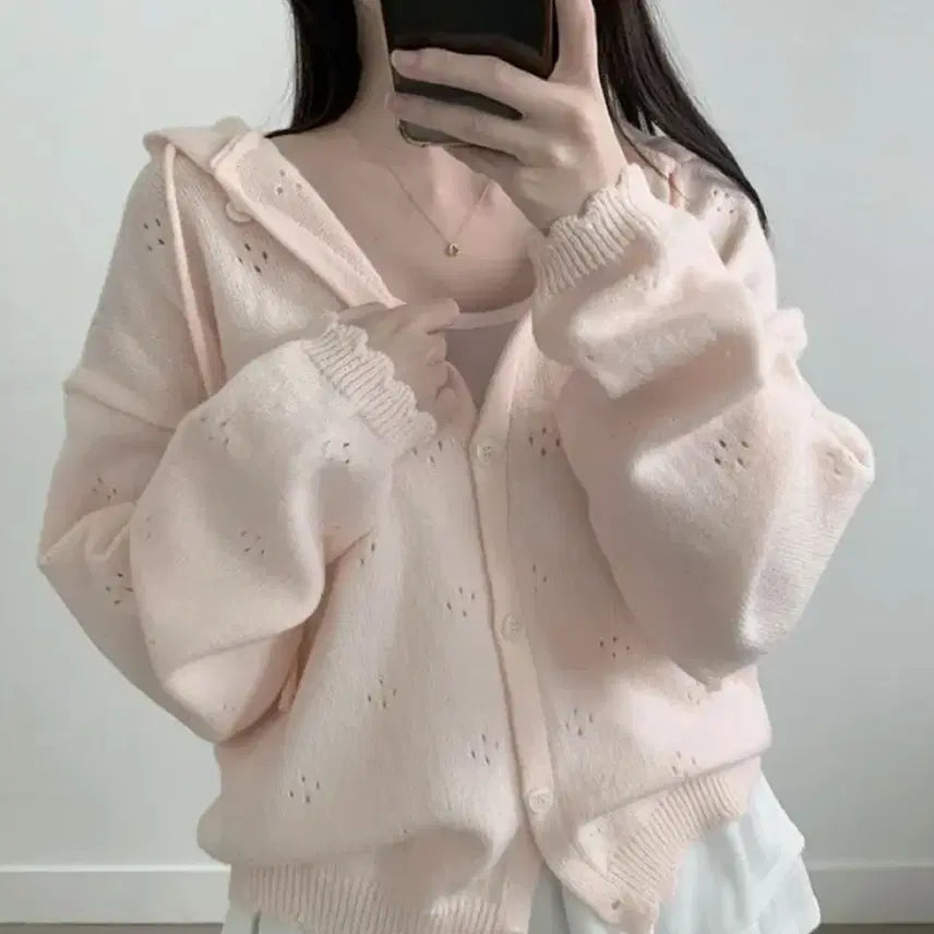 [BUNJANG] Flower Punching Frill Hooded String Cardigan / 플라워 펀칭 프릴 물결 후드 스트링 가디건