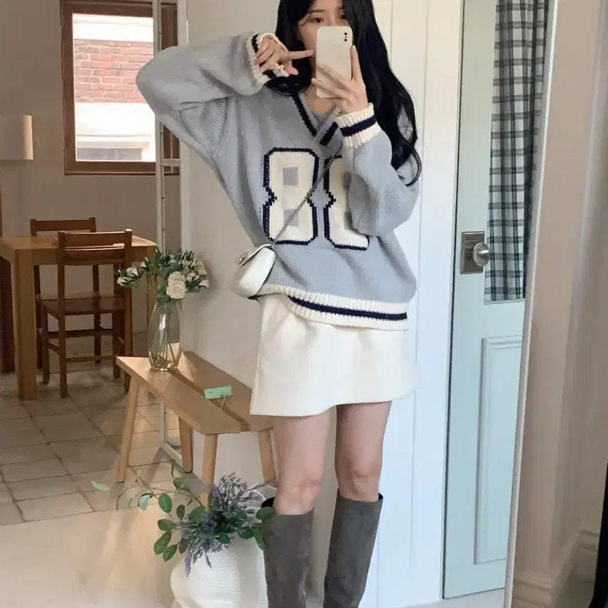 [BUNJANG] Aedin Able Gray Numbering Knit Sweater / 에이딘에이블 그레이넘버링니트스웨터