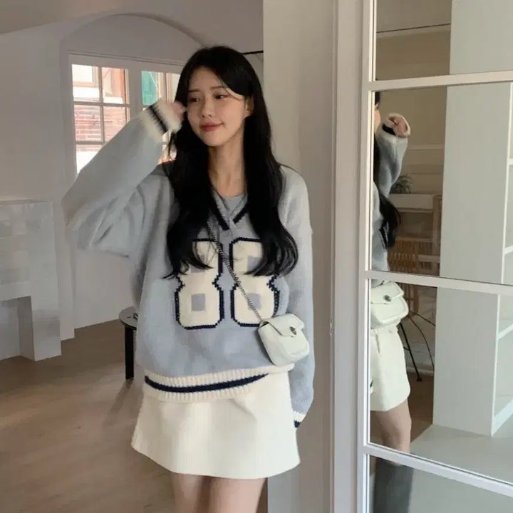 [BUNJANG] Aedin Able Gray Numbering Knit Sweater / 에이딘에이블 그레이넘버링니트스웨터