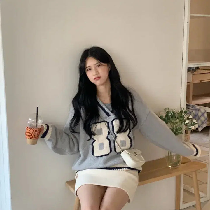 [BUNJANG] Aedin Able Gray Numbering Knit Sweater / 에이딘에이블 그레이넘버링니트스웨터