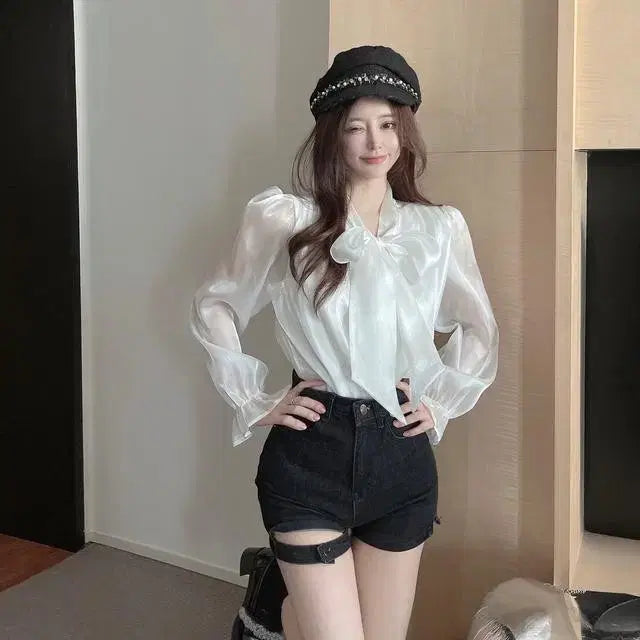 [BUNJANG] Elegant Ribbon Tie See-through Blouse / [4컬러/*빠른배송*] 엘레강스 리본 타이 시스루 블라우스