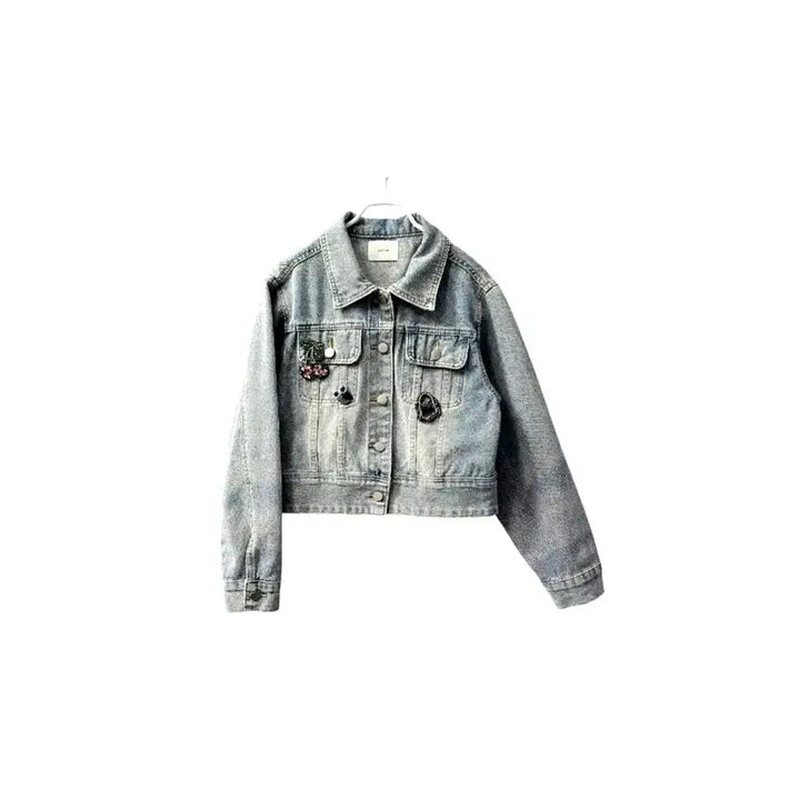 [BUNJANG] Satin Jewelry Beaded Washed Denim Jacket / 샤틴 주얼리 비즈 장식 워싱 데님 청자켓